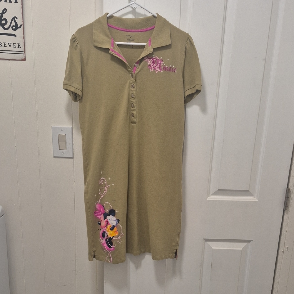 Disney Olive Green Polo Dress with Pink Trim and Minnie Graphic WOMENS M